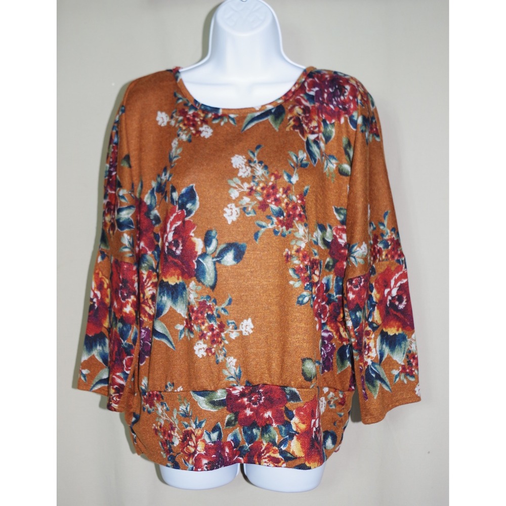 AGB Women's Large Floral Knit Top Rust Orange Red Rose Print Wide Sleeve Blouse
